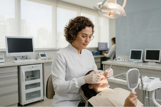 Dra. Juliana Costa atendendo em clínica odontológica